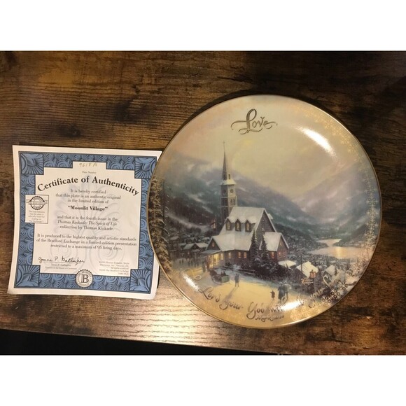 Thomas Kinkade Moonlit Village Spirit of Life 8” Round Decor Plate 7618 A w/ COA - Picture 1 of 4